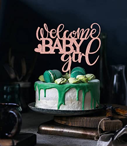 Crseniny Rose Gold Glitter Welcome Baby Girl Cake Topper，Baby Shower Party Decorations，Newborn Gender Show Girl Happy Birthday Party Cake Decoration #TOP2
