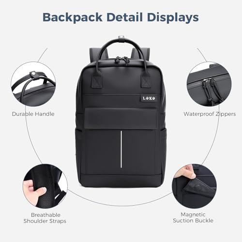 Lekespring Rucksack Wasserdicht Damen Herren, 15,6 Zoll Leder Laptop Schulrucksack mit Laptopfach, Groß Reiserucksack Arbeitstasche, Minimalistischer Backpack Women Elegant für Reise Uni Büro-Schwarz