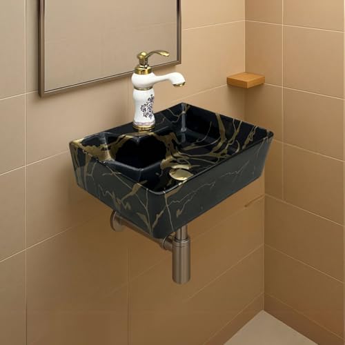 Image of Artiva Designer Ceramic Table Top Wash Basin For Bathroom /Wall Mounted Bathroom Sink /Wall Hung Washbasin /Black Wash Basin For Cabinet, Countertop, Vanity (Porto Black 16 x 12 x 5 Inch)