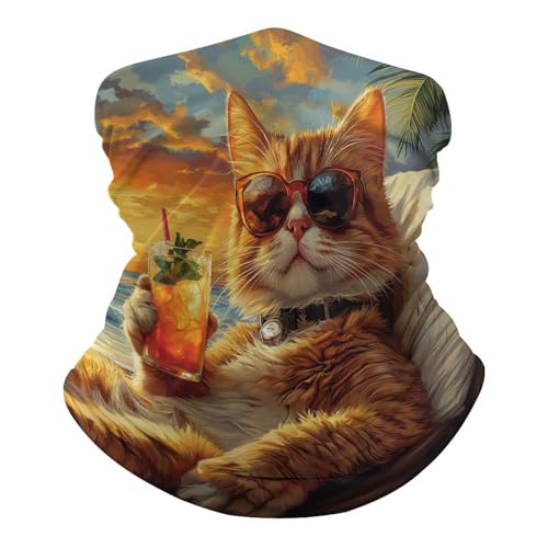 KWQDOZF Pañuelo para el cuello con diseño de gato sentado en una tumbona en la playa, cubrebocas, pasamontañas, bandana, sombrero para hombres y mujeres