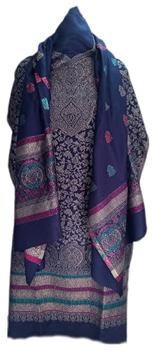 Image of Womens designer woolen suit for women with salwar and kashmiri shawl winter wear kani unstitched fabric set, stylish kurta pant set woollen dress material for women by pure pashmina wooltex