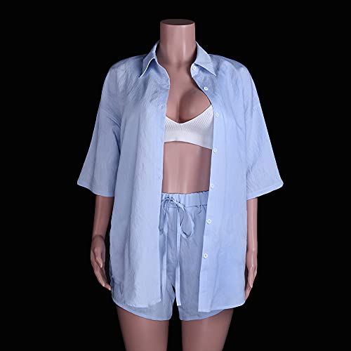 Image of Fixmatti Women 2 Piece Outfits Long Sleeve Button Down Blouse and Shorts Sweatsuit Sets