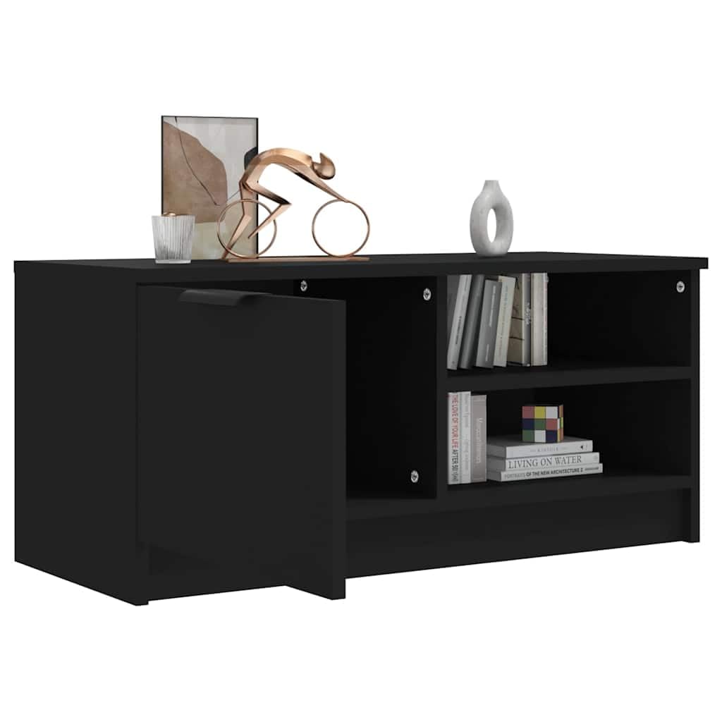Hothingwell Szafka pod telewizor drewno inżynieryjne czarne 80x35x36,5 cm | Przegroda i 2 półki, schowek na DVD, konsoly, wytrzymały blat do dekoracji
