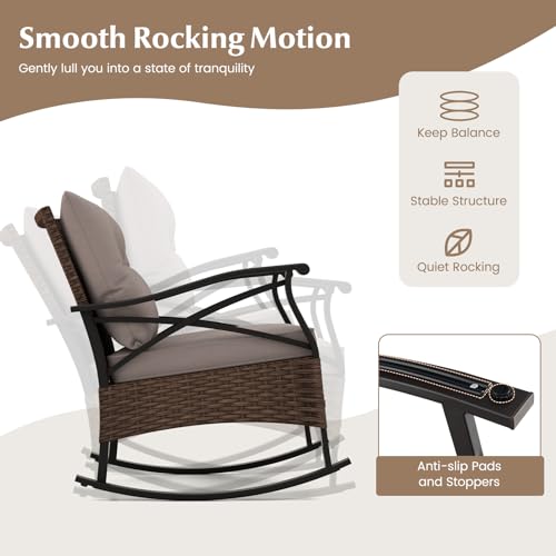 Image of Tangkula 3 Pieces Outdoor Rocking Chairs Set, Rattan Heavy Duty Cushioned Rocker Chairs with 2-Tier Tempered Glass Coffee Table, for Garden, Balcony, Backyard | Heavy Duty Cushioned Rattan Patio Rocker Bistro Set, 2-Tier Side Table w / Acacia Wood Tabletop, for Porch