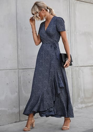 PRETTYGARDEN Women's Summer Maxi Dress Casual Wrap Floral Boho Short Sleeve V Neck Split Ruffle Beach Long Dresses