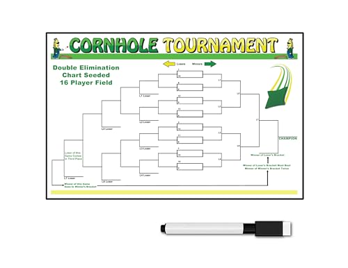 Zieglerworld Cornhole 16 Team or Player Double Elimination Seeded Reusable Tournament Bracket Chart 22 x 34 with Pen