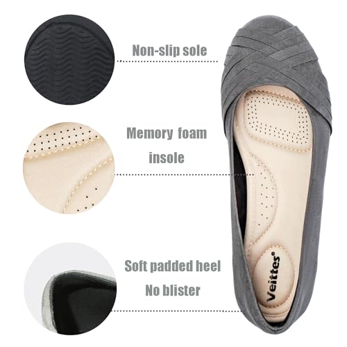 Veittes Women's Wide Width Flat Shoes, Casual Ladies Comfortable Round Toe Elegant Slip on Ballet Flats.(2109002-4,GR/MF,6.5 Wide)3