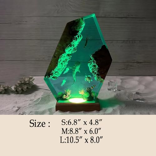 Image of Drawelry Ocean Creative Epoxy Resin Wood Light Lamp, Handmade Multi Color Aquatic Ocean Lamp Deep Sea Cave Diving Enthusiasts Led Night Light Desktop Decor Birthday Gift (Shark and Diver, M)