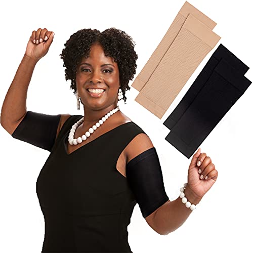 2 Pairs Arm Slimming Shapers For Women - Upper Arm Compression Sleeve To Tone Arms - Arm Wraps For Flabby Arms - Helps Shape Upper Arms Ideal For Plus Size Women ( Black + Beige )