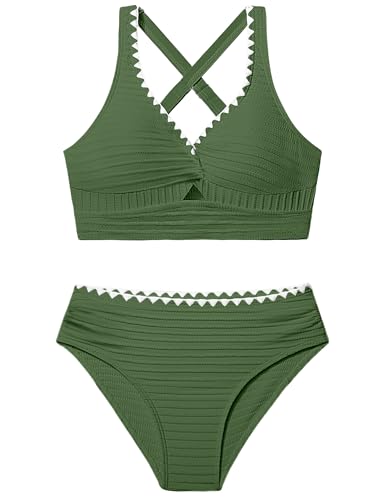 Image of Oranchids Girls Swimsuit Solid Color Textured Bikini Set Contrast Trim Bathing Suit 2 Piece Swimwear Adjustable Straps 9-16T