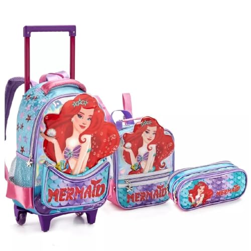 Kit Escolar Mochila Rodinhas Lancheira Estojo Sereia Ruiva cor:Verde