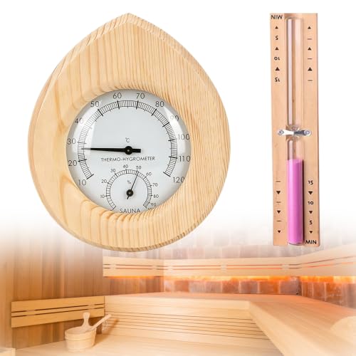 Udbrud 2 in 1 Sauna Thermometer Hygrometer und Sanduhr, Wandmontage umweltfreundlich Sauna Klimamesser Tropfen mit 15 Minuten Rotierender Sandglass...