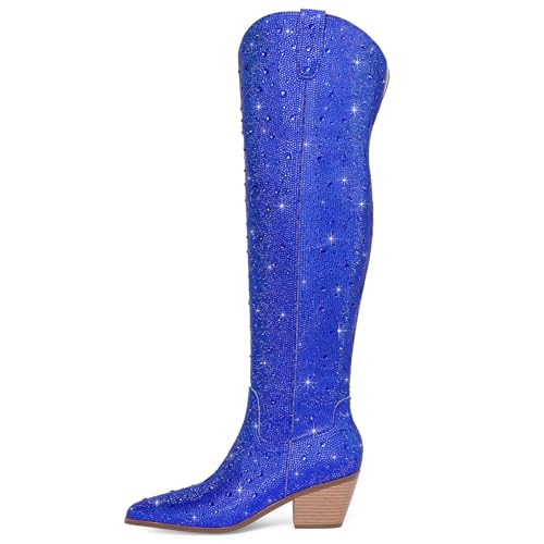 Image of Women Rhinestone Over the Knee Cowboy Boots, Sparkly Bling Cowgirl Boots Western Thigh High Boots Pull-On Side Zippers Chunky Heel Pointed Toe For Concerts, Music Festivals, Parties & Night Out