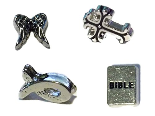 Floating Charms - Religious Four Pack - Angel Wings, Bible, Ornate Cross, and Jesus Fish - Floating Locket Charms for Glass Lockets - Old School Geekery Charms