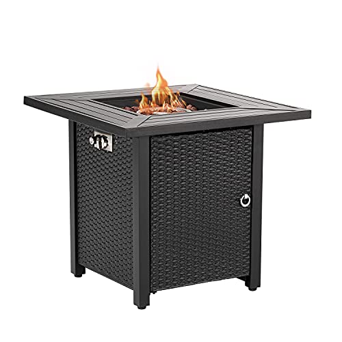 COSIEST Outdoor Metal Fire Table, 28-inch Square Black Brown Fire Pit, 40,000 BTU Auto-Ignition Fire Bowl w Imitation Wicker Base, Internal Propane Tank, Free Brown Lava Rocks