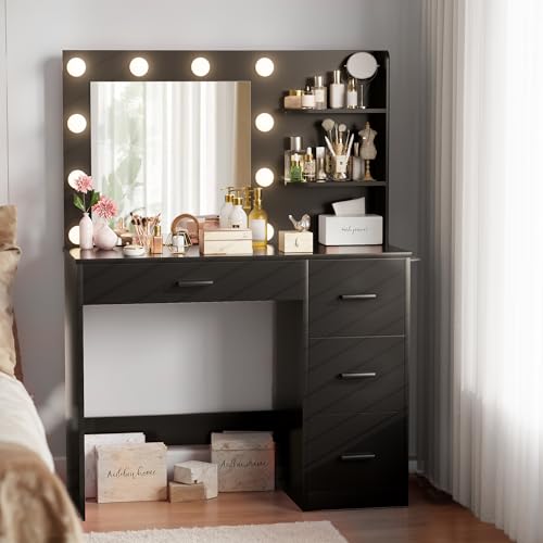 Image of Furmax Vanity Desk with LED Lighted Mirror&Power Outlet, Makeup Vanity Table with 4 Drawers, 3 Open Storage Shelves, and 3 Color Modes, for Bedroom (Black)