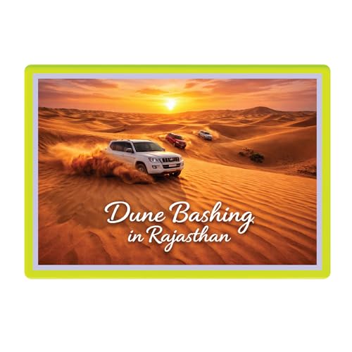Image of Decorative Fridge Magnet with Glowing Border | Pack of 1 (Dune Bashing in Rajasthan, 3x2 inch - Fluorescent Border)
