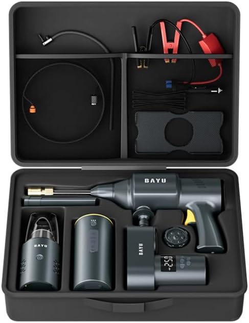 BAYU Car Pressure Washer, 300PSI Powerful Car Washer, Cordless Car Vacuum Cleaner, Portable Air Compressor, Portable Charger and Jumper for Car Bike Motor