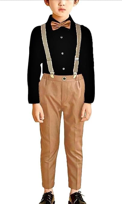 Image of SAGAR IMPEX Boys Cotton Blend Solid Full Sleeves Shirt and Pant Set with Suspender and Bow Tie | Clothing Set for Boys