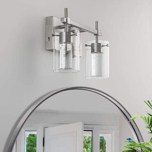 Image of 2-Light Brushed Nickel Vanity Light with 3 Color Modes (3000K /4000K /6000K), Eye Protection LED Bathroom Light Fixture, Dimmable Modern Wall Light Over Mirror with Clear Glass Shade