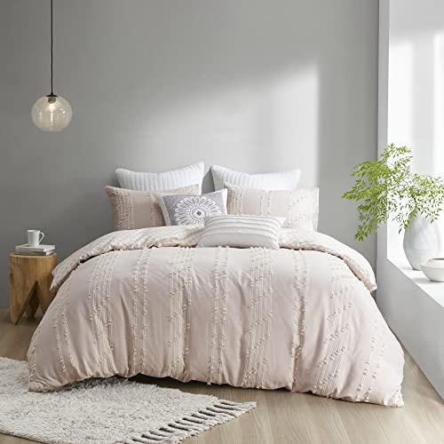 Image of INK+IVY Kara 100% Cotton Duvet Mid Century Modern Design, All Season Comforter Cover Bedding Set, Matching Shams, King /Cal King, Jacquard Stripes Blush 3 Piece