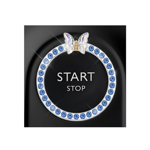 Image of DXNQ Bling Ring Emblem, Sparkling Butterfly Car Buttons and Knobs Ring, Girly Butterfly Diamond Car Engine Start Button Cover, Key Ignition Knob Rings Decoration for Women (Blue, Single Row)