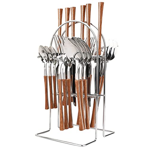 Ménagère 24 pièces acier inoxydable couverts cuisine marron argent avec rangement