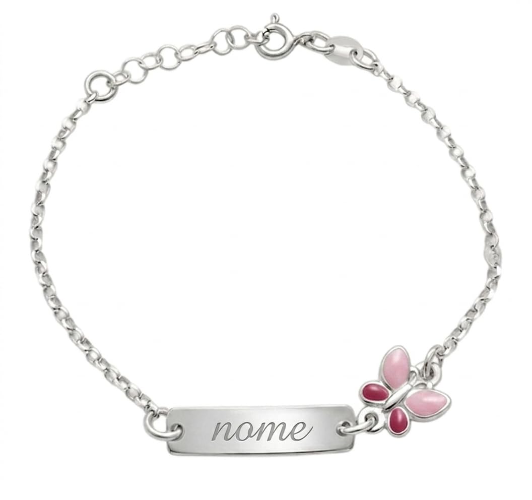Generico Bracciale Bambina in Argento 925 Personalizzato con Nome, Farfalla Smaltata Rosa, Regalo Battesimo Nascita Neonato, Regolabile 14-16cm