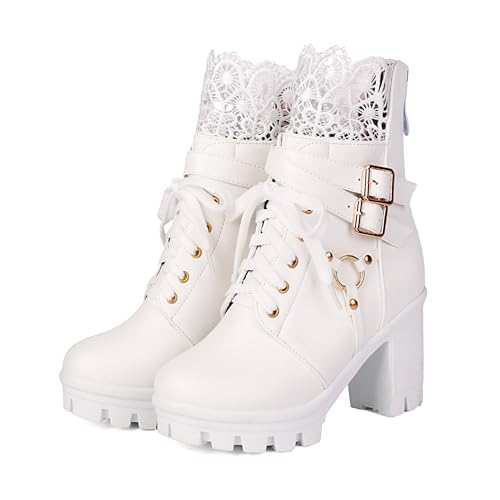BEAUPAS Women's Gothic Combat Boots Lace Up Platform Ankle Boots with Buckles Chunky High Heel2