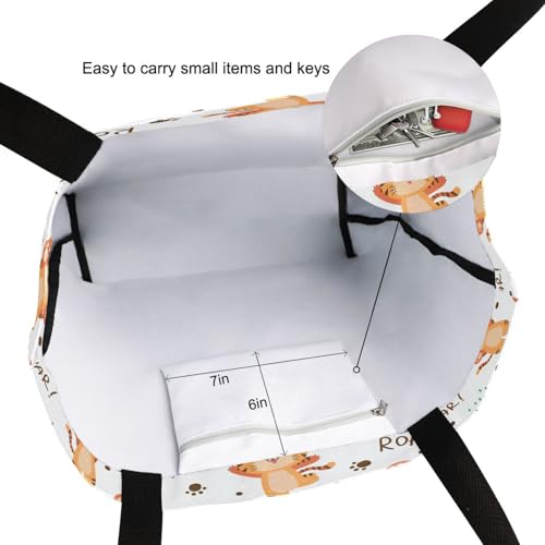 Cartoon Animal Cute Roar Tiger Canvas Tote Bag for Women with Zipper Pocket Reusable Grocery Shopping Bags Large Travel Shoulder Bag Handbag Bags3