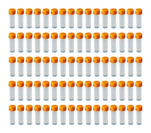 HUAZIZ 80 Piezas Tubo de Muestras, Tubos de Ensayo Congelados, Tubos de Ensayo de Plástico con Orange Tapa y Marcas Graduadas, para Laboratorio, 5ml