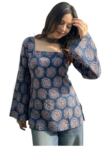 Image of ANNI Designer Women's Viscose Blend Printed Short Kurti | Straight Fit Casual Ethnic Top | Square Neck 3 /4 Sleeve Kurta Office College