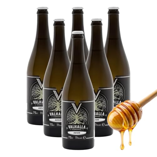 Valhalla Hidromiel - 6 Botellas de 75 cl de Hidromiel Aesir, Bebida Ecológica con Aroma Tropical a Frutas Blancas, Sabor Semi-seco, Ideal para Tapear y Disfrutar
