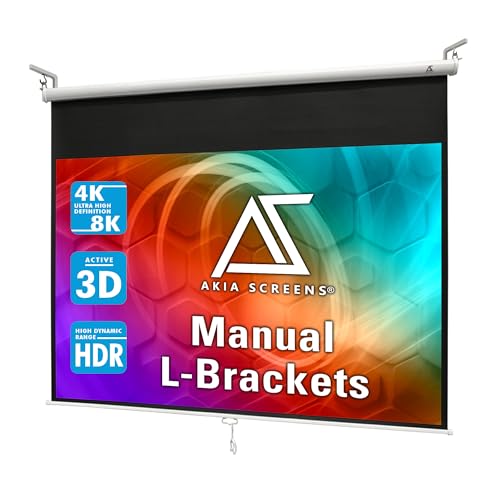 Image of Akia Screens 100 inch Projector Screen Pull Down 4:3 Manual, Ceiling Mount or Wall Mount Retractable Projection Screen with 10 inch Bracket White, AK-M100V1 and AK-ZLB10W