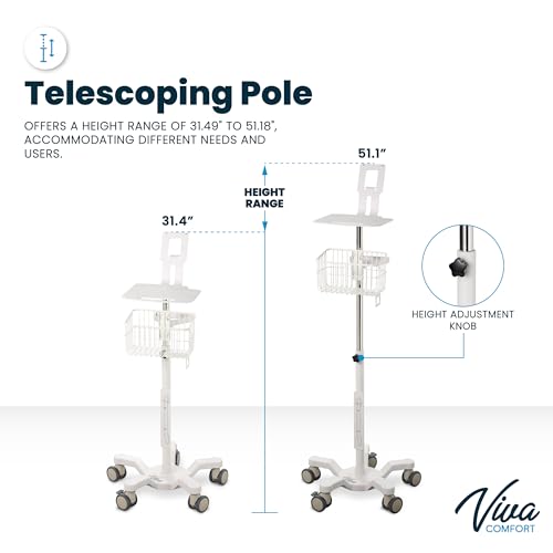 Image of VivaDiagnostics Rolling Stand Vital Signs Monitor for WE 7000 Series Connex Spot, (Monitor NOT Included), Blood Pressure Cuff Basket, Work Surface, Adjustable Pole, and Cord Organizer