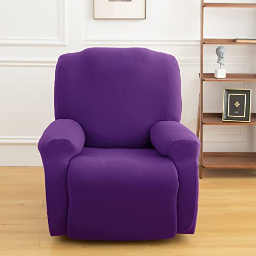 Stretch Recliner Chair Cover,4-Pieces Sofa Cover Slipcover Couch Covers,Armchair Cover Non-Slip Furniture Protector,Elastic Spandex Soft Recliner Chair Protector with Side Pocket(1 Seater Purple) - Image 2