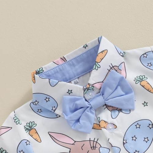 Image of Owl's-Yard Baby Boy Easter Outfits Rabbit Carrot Short Sleeve Button Down Shirts and Solid Color Shorts 2 Pcs Summer Set
