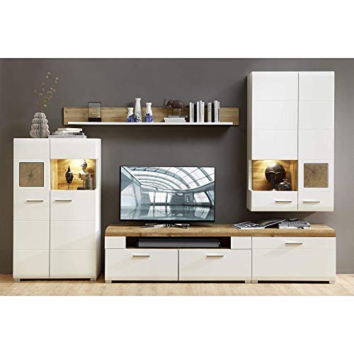 Stella Trading Fun Plus Wohnwand Komplett-Set mit schönen Hirnholz-Applikationen & Eiche Dekor - Moderne Schrankwand für Ihr Wohnzimmer - 320 x 205 x 47 cm (B/H/T)