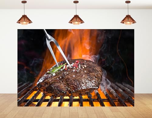 12x8ft Grilled Steak On BBQ Backdrop Fiery Flames and Fresh