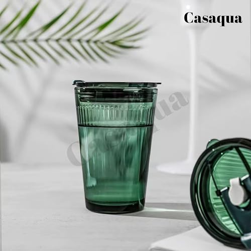 Image of Premium Ribbed Drinking Glass Tumbler with Lid & Straw - 450ml, Set of 1, Reusable Green Minimalist Mug for Iced Coffee, Juice, Smoothies & Cold Beverages, Leak-Resistant Travel Cup