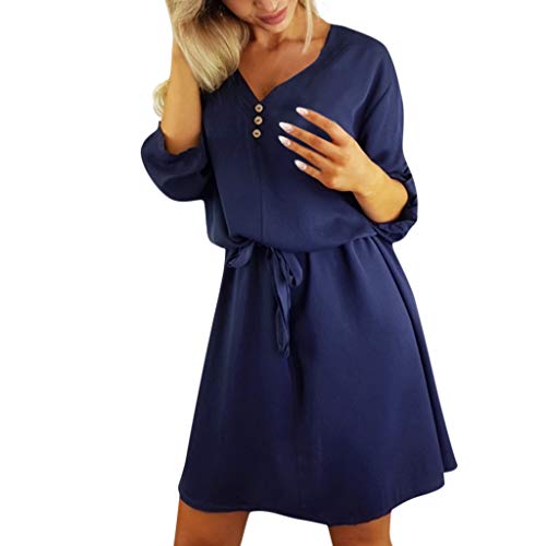ReooLy Women Casual Solid Design Buttons Half Sleeve Dress Sundress(Navy,Large)