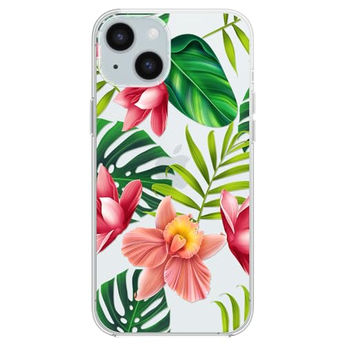 Coque iPhone 15 fleur orange transparente en silicone rigide avec motif feuilles floral