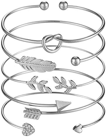 Softones 5pcs Bangle Silver Bracelets for Women Girls Heart|Olive Leaf|Arrow|Feather|Knot Heart Open Cuff Bracelet Set Adjustable