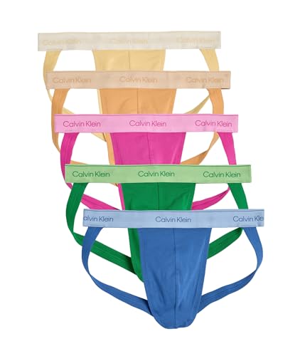 Calvin Klein, Men's, Pride Cotton Jock Strap 5-Pack, Mardi Gras Green/Relay Orange/Golden Haze/Palace Blue/Stunning Orchid, Large