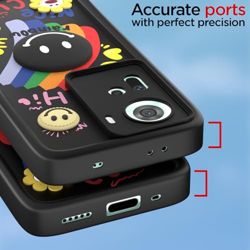 Image of Pikkme Back Cover for Oppo Reno 11 5G | Soft Silicone| Cute Rainbow Smile & 3D Cartoon Flower Design | Shockproof Raised Camera Protection Bumper Case (Black)
