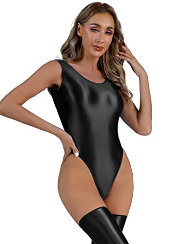 Aiihoo Damen Nylon Body Overall Glänzend Bodysuit Sportlich Jumpsuit ärmelloser Trikot Hight Cut Thong Badeanzug Bademode Swimwear Schwarz XL Cover