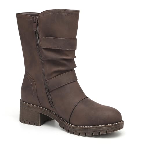 DECARSDZ Women's Motorcycle Boots Mid Calf PU Leather Biker Boots - Stylish Women's Black Brown Riding Boots for Motorcycle, Combat, and Festival2