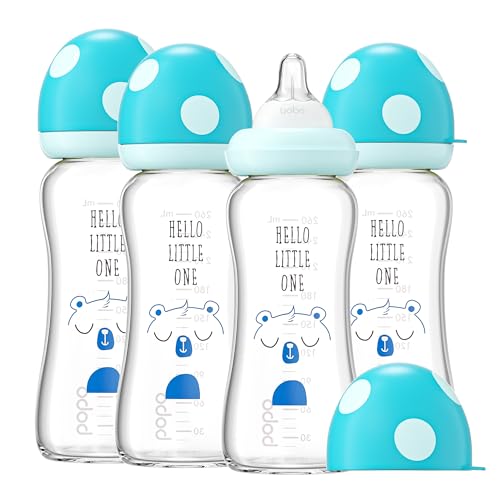 Image of YOHKOH Natural Glass Baby Bottle with Level 2 Medium Flow Nipple, Newborn Anti-Colic Baby Bottles, Wide Neck Mushroom Baby Glass Bottle (8.8ounce (Pack of 4), Blue1)