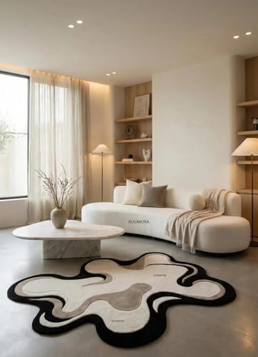 Image of Hand Tufted Wool Rug 6x8 Ft - Modern Irregular Shape Aesthetic Carpet, 1 Inch Thick Pile, Anti-Skid Backing, Soft Handmade Woolen Area Rug for Living Room, Bedroom, Hall Decor