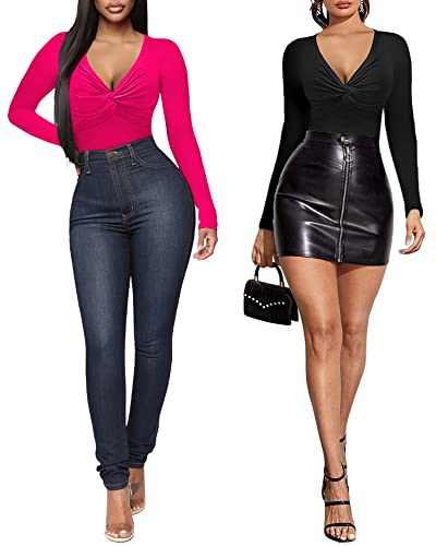 Mangopop Bodysuit For Women Deep V Neck Twist Knot Fitted Short Sleeve Long Sleeve Tops (Long Sleeve Rose Pink, Medium) #TOP3